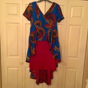 EY Studio Bold Royal Blue, Ruby Red & Gold Print African high-low dress
